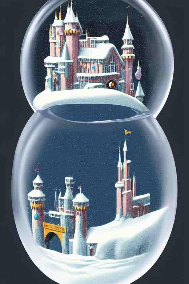 an achingly beautiful print of one modernist, cylindrical snow globe with disneyland inside by raphael, hopper, and rene magritte. detailed, proportional, romantic, vibrant, enchanting, trending on artstation 