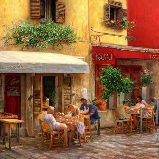 a traditional pizzeria in the street of a small village on the riviera. a terrace in the shade of a hundred - year - old olive tree, a friendly atmosphere around pizzas and rose wine. dolce vita. unreal engine rendering, hyper realist, ultra detailed, oil painting, warm colors, happy, impressionism, da vinci, 