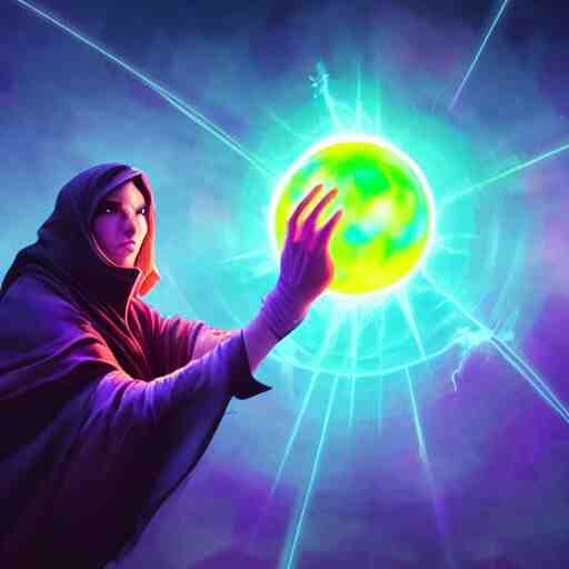 a warlock is casting a magic spell, while magic orb is floating in his hand, the magic orb emit a rainbow vapour, dynamic pose, chromatic aberration , medium level shot, Mucha style , Grim fantasy, illustration ,concept art,