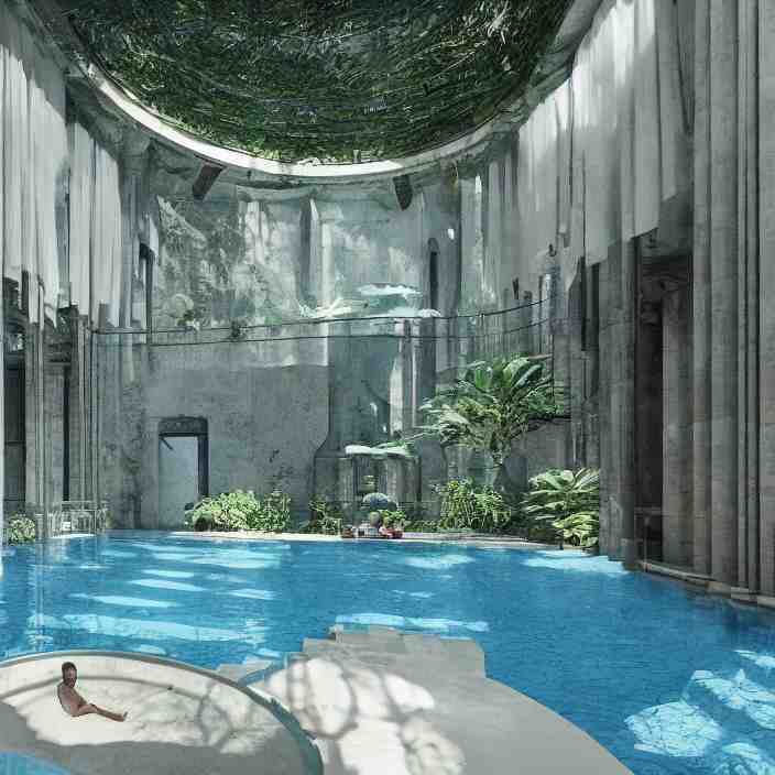 a room with a pool in the middle of it, a digital rendering by ricardo bofill, featured on cg society, hypermodernism, vray tracing, rendered in unreal engine, liminal space 