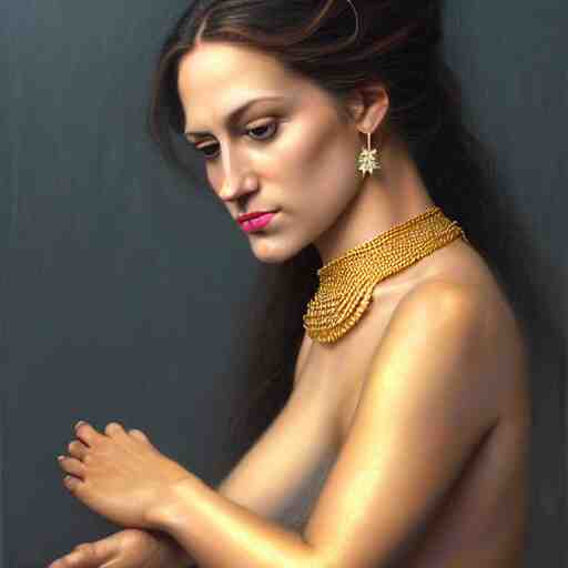 Facial portrait of a gorgeous girl, looking away from the camera, seductive smile, heavy gold jewellery, gold and pearl necklaces, elegant revealing intricate dress, sparkle in eyes, lips slightly parted, long flowing hair, no hands visible, delicate, teasing, arrogant, defiant, bored, mysterious, intricate, extremely detailed painting by Mark Brooks (and by Greg Rutkowski), visible brushstrokes, thick paint visible, no light reflecting off paint, vibrant colors, studio lighting