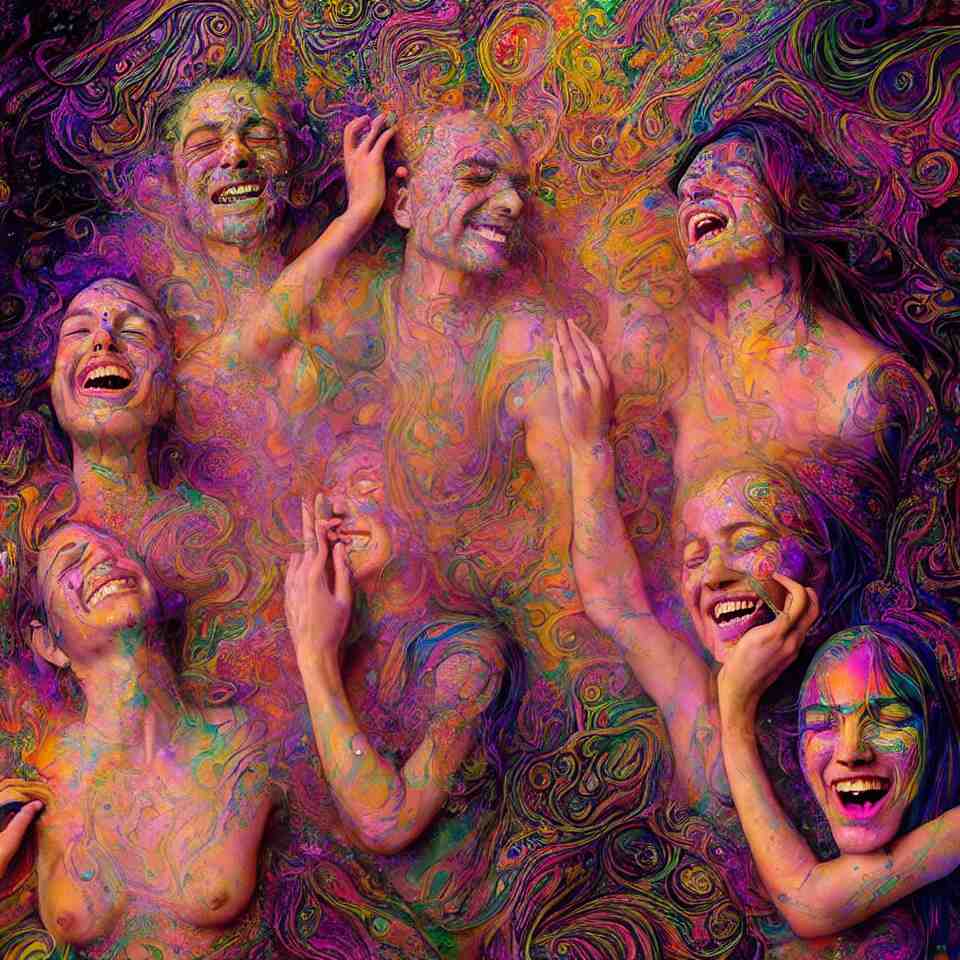 happy psychedelic portrait of friends smoking dmt and becoming gods, smiling and crying, old and young, diffuse lighting, fantasy, intricate, elegant, highly detailed, lifelike, photorealistic, digital painting, artstation, concept art, smooth, sharp focus, art by john collier and albert aublet and jenny saville and artem demura and francis bacon 