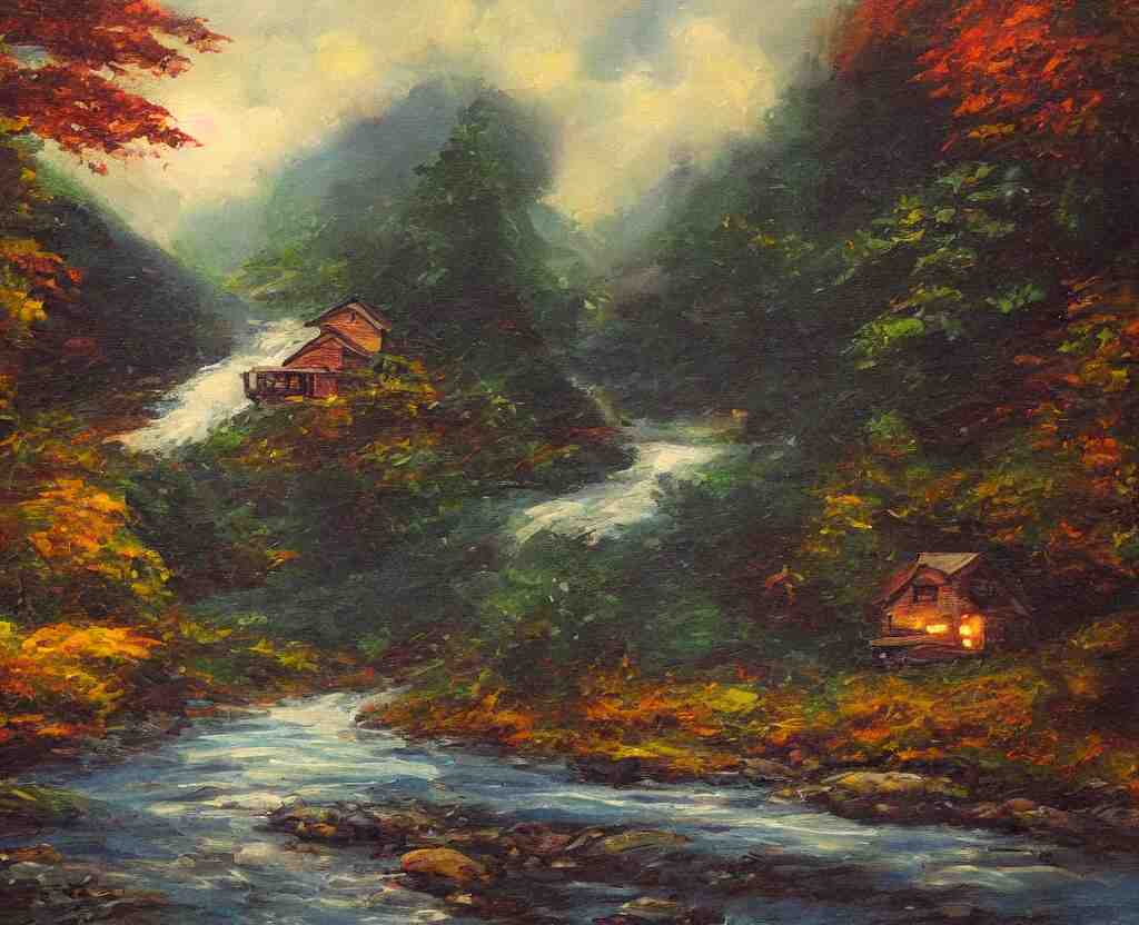 a river running past a cozy cabin in mountain side, night, heavy rain, colorful, classic painting, award winning, highly detailed 