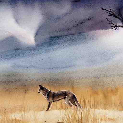 wide portrait of a wolf in a beautiful natural scene. heath, sand dune, dry grass and trees. beautiful light, dramatic clouds. soft colour scheme. beautiful artistic detailed watercolor illustration by lurid ( 2 0 2 2 ). 