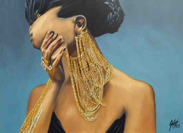 painting of a female wearing hundreds of gold and platinum rings, by alex petruk 