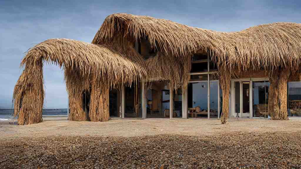 architectural photography of a house made of driftwood, natural and organic and flowing, on the coast, wide angle, shot from a low angle, great lighting, cinematic. inhabited by a family of anthropomorphic capybaras. 