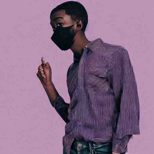 professional sketch of a full-body view of a stylish young adult man with short hair wearing a black face mask, a striped long-sleeved shirt, and ripped jeans, high quality, HD, 8K, highly detailed, award-winning, dark purple clouds