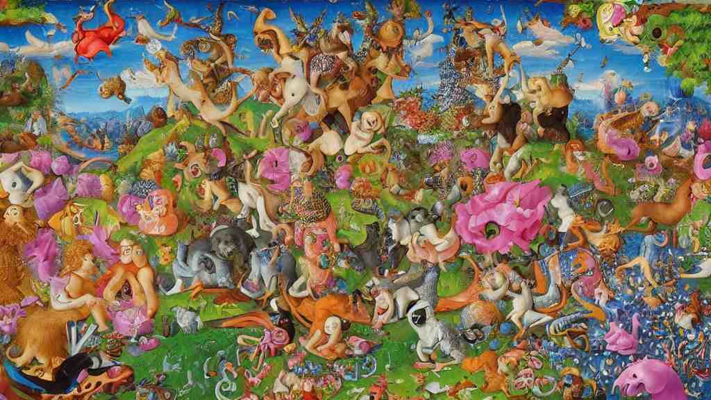 an incredibly detailed masterpiece collaborative painting by bosch and lisa frank, ornate, detailed, high resolution, wow!, intricate