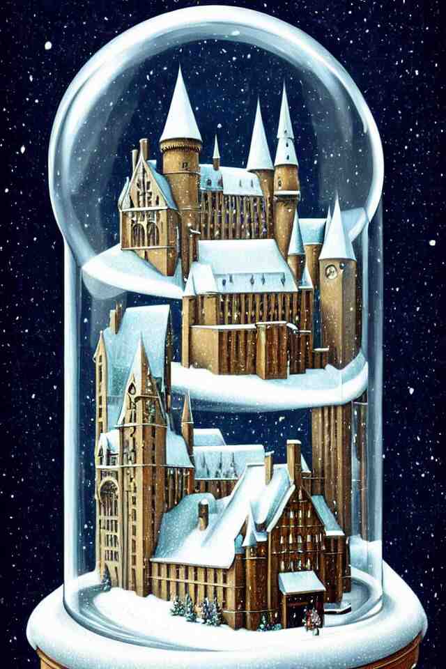 an achingly beautiful print of one snow globe with hogwarts inside by raphael, hopper, and rene magritte. detailed, proportional, romantic, vibrant, enchanting, trending on artstation 