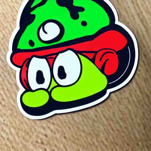 die cut sticker, yoshi wearing mario's mustache, splatter paint 