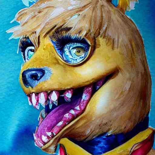 water color on paper, chica animatronic portrait, highly detailed, artstation, masterpiece, award - winning, 