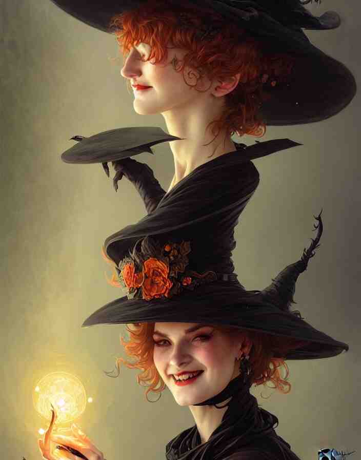 halloween witch woman in a hat smiles, fantasy magic, undercut hairstyle, dark light night, intricate, elegant, sharp focus, illustration, highly detailed, digital painting, concept art, matte, art by wlop and artgerm and greg rutkowski and alphonse mucha, masterpiece 