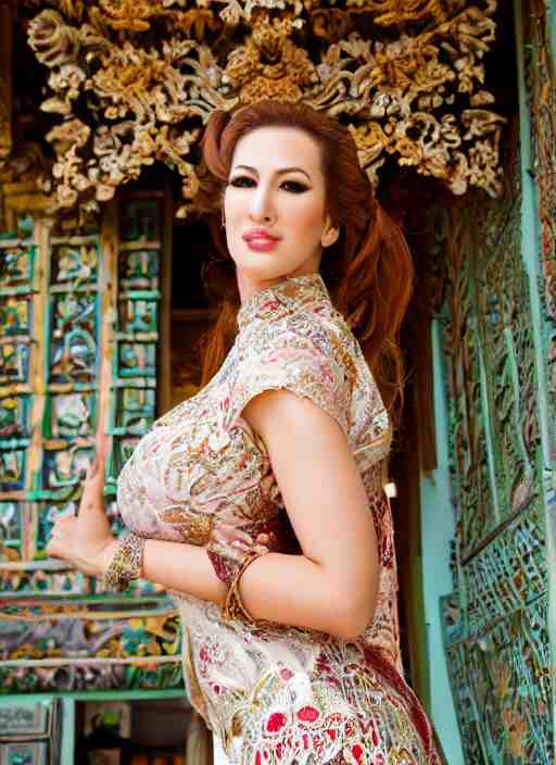 portrait of jordan carver wearing kebaya in bali temple, by char
