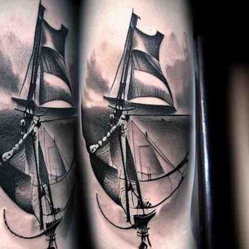 realism tattoo design of a pirate ship, by Matteo Pasqualin tattoo artist, on white paper