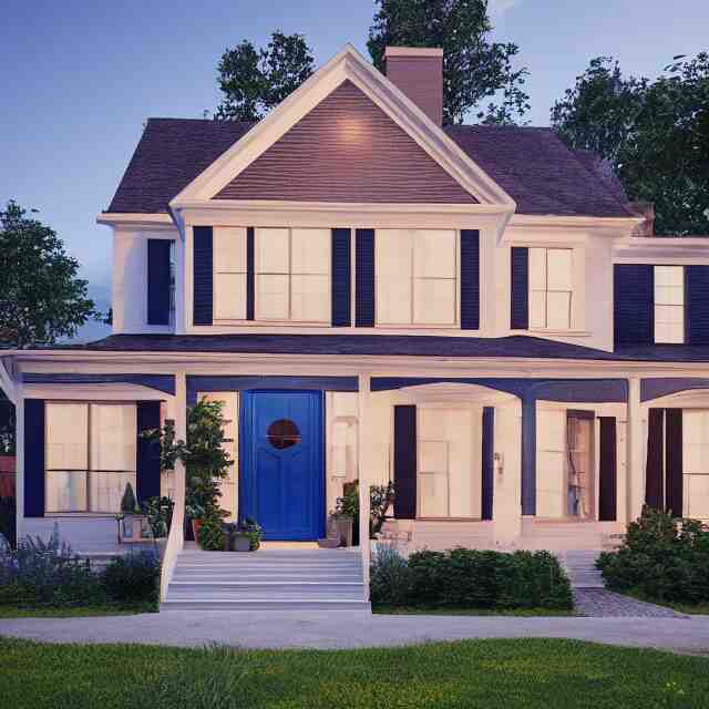 modern new england colonial house with a round blue door, brick cape house, realistic, unreal engine render, octane render, hyper realistic, photo, 8 k 