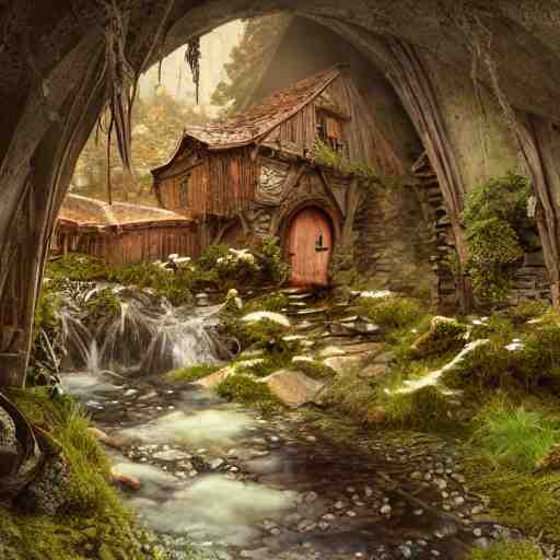 inside a medieval hobbit home, ornate, beautiful, atmosphere, vibe, mist, smoke, chimney, rain, wet, pristine, puddles, waterfall, melting, snow, creek, lush, ice, bridge, forest, flowers, concept art illustration