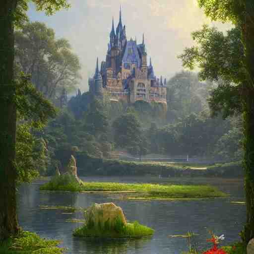 beautiful illustration of a big castle in a serene landscape and a beautiful lake, green grass and trees, blue sky, by albert bierstadt, highly detailed, crystal lighting, mystical, forest, hyperrealistic, 4 k, unreal engine, magical, by joe fenton, by greg rutkowski, by greg tocchini, by kaws, by kate beaton, by kaethe butcher 