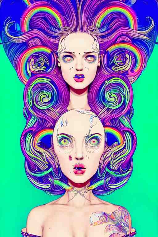 a award winning portrait of a beautiful woman with stunning eyes in a one off shoulder croptop and cargo pants with rainbow colored hair, outlined by whirling illuminated neon lines and fine lines swirling in circles by joe fenton, digital art, trending on artstation 