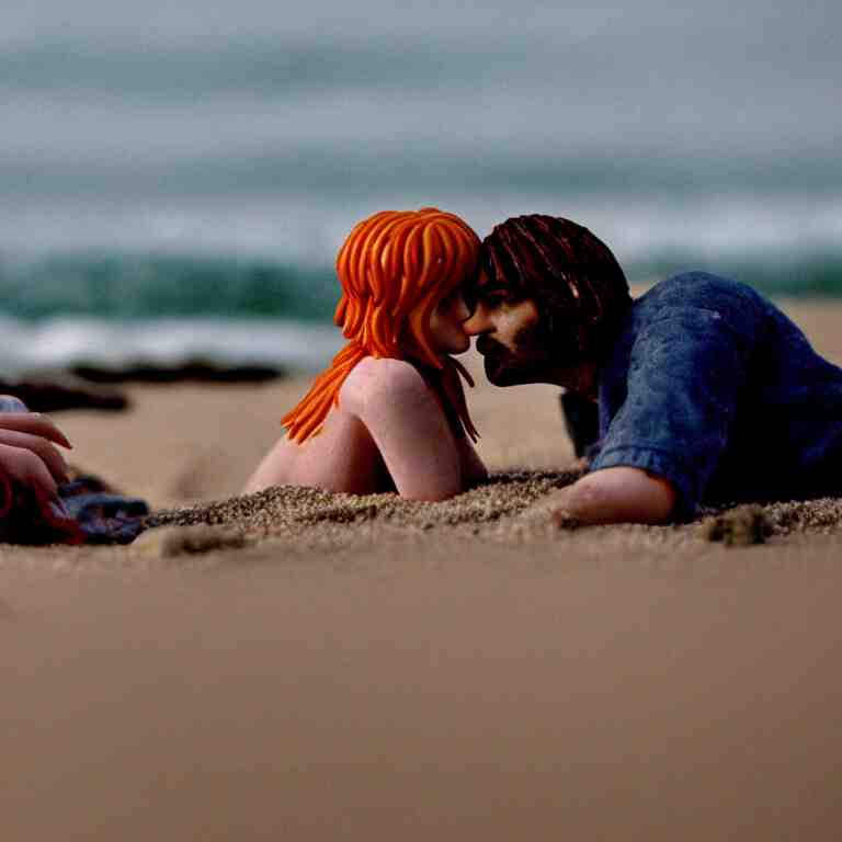 a cinematic film still of a claymation stop motion film eternal sunshine of the spotless mind joel and clementine on the beach, shallow depth of field, 8 0 mm, f 1. 8 