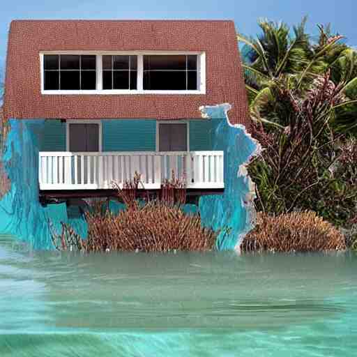 a house half submerged in the ocean. 