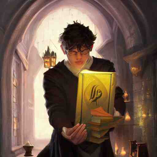 an oil painting of a portrait of a handsome hogwarts boy in hufflepuff holding glowing magic books, fairy tale, dreamy light, by wlop, greg rutkowski, thomas kinkade, super detailed, 3 d, hdr on, 4 k wallpaper 