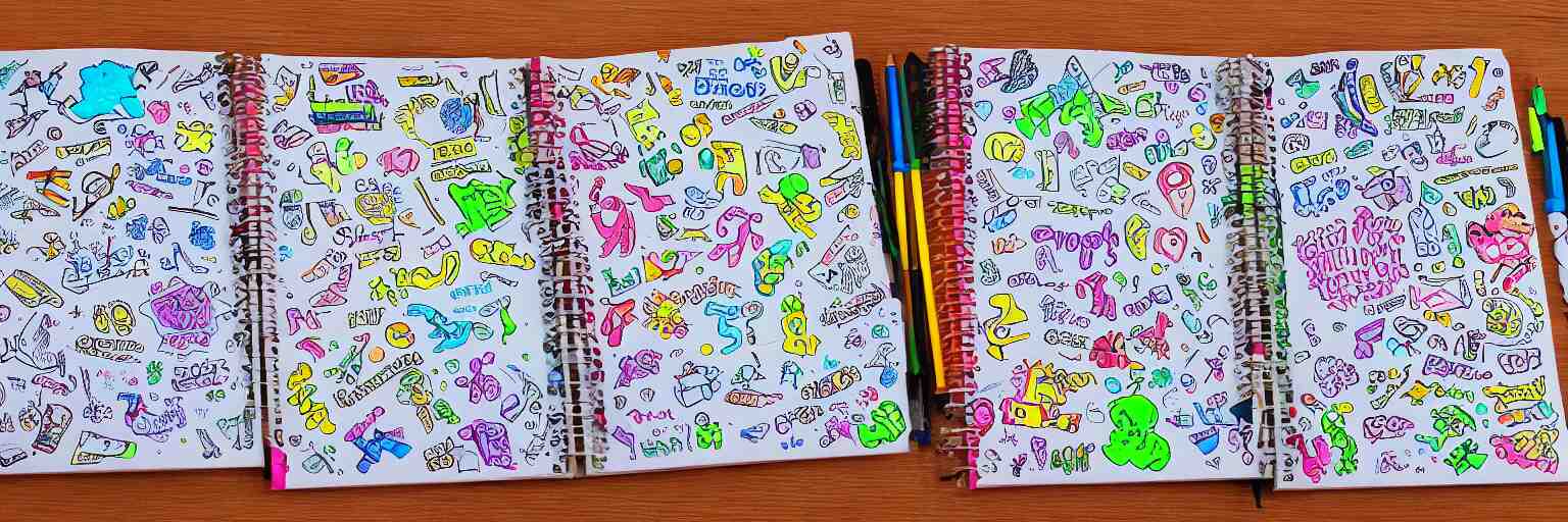 a school notebook covered in doodles, stickers, glitter, and holographic stickers