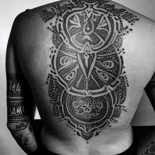 a tattoo written in text sanskrit on back of beautiful muscular women by famous tattoo artist black and white 8 k 