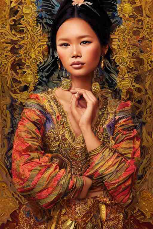 portrait of a beautiful indonesian supermodels wearing traditional costume, highly detailed, digital painting, artstation, concept art, sharp focus, illustration, art by kittichai rueangchaichan and james gurney and alphonse mucha 