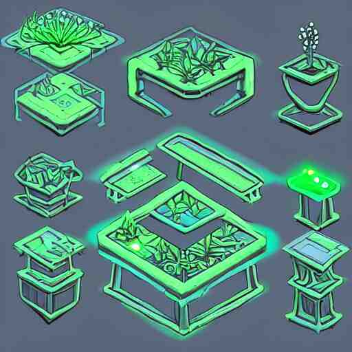 concept art 2 d game asset of furniture with an organic isometric design based on bioluminescent alien - like plants inspired by the avatar's bioluminescent alien nature. around the furniture, we can see plants that glow in the dark. all in isometric perspective and semi - realistic style item is in a black background colorful neons surrealistic masterpiece 