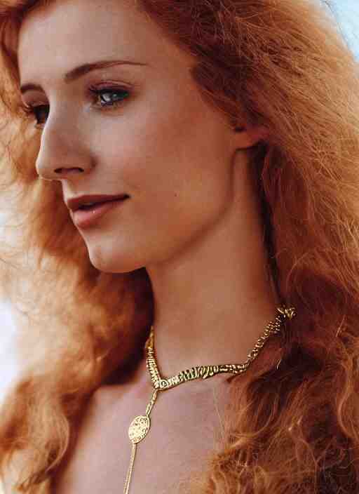 vintage photograph of an olive skinned female model with strawberryblonde hair in her twenties, her hair pinned up, wearing a designer top and one thin gold necklace, looking content, focused on her neck, photo realistic, extreme detail skin, natural beauty, no filter, slr, golden hour, 4 k, high definition, selfie 