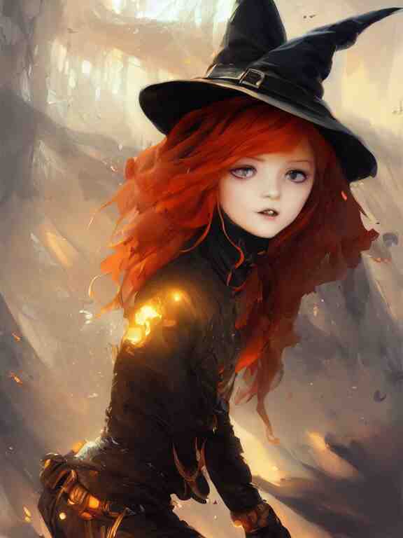 Full shot of a cute mischievous young witch about to get up to some trouble. Black and Orange palette. By Ruan Jia and Artgerm and Range Murata and WLOP and CLAMP and Loish. Key Art. Fantasy Illustration. award winning, Artstation, intricate details, realistic, Hyperdetailed, 8k resolution.