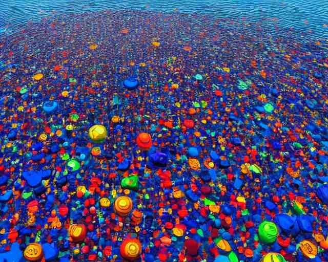 a long shot of a giant award winning sculpture made out of tons of hundreds of pool toys in the shape of a human head, on the surface of the ocean, in the style of chad knight, hyper detailed, hyper realistic, ray tracing, 8 k resolution, sharp focus, realistic water 