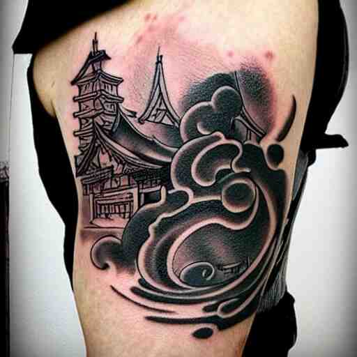 dark japanese urban architecture, tattoo, tattoo on upper arm