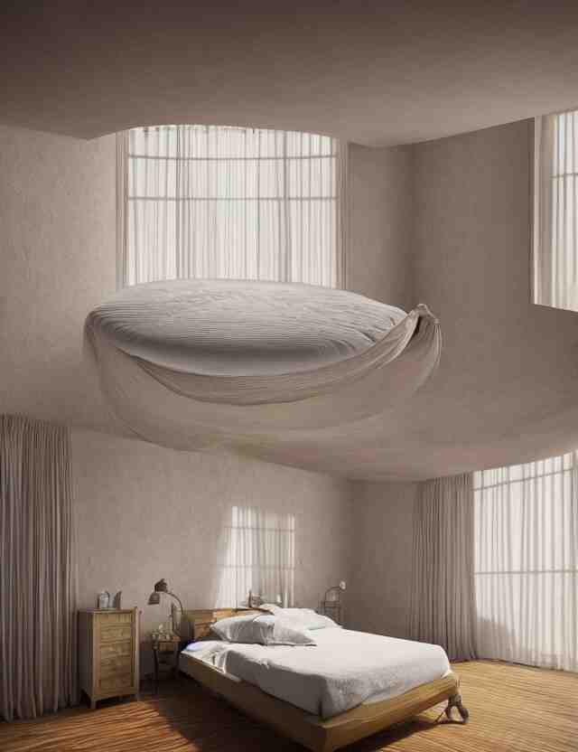 an ultra wide angle photo of a bed hovering above the floor in the middle of a giant bedroom with windows opening to other worlds by casey weldon and lee madgewick, photorealistic, octane render, recursive, flowing, cascading, multiverse, labyrinthine 