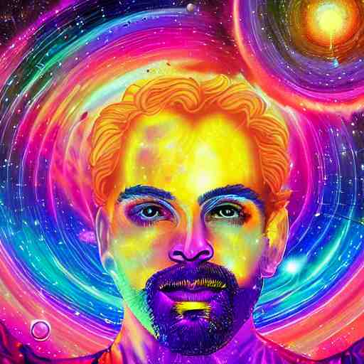 A man's soul becoming one with the galaxy by lisa frank, space, vibrant, colorful, digital art, peaceful, dmt, psychedelic,