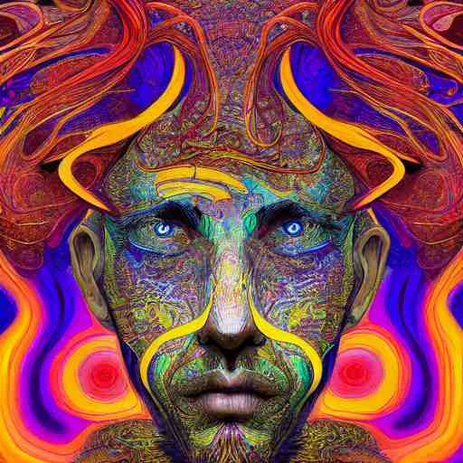 a digital painting of a man's face, digital art by android jones and amanda sage, behance contest winner, psychedelic art, biomorphic, rendering in intricate poster art, tarot card lovecraftian, outlined art 