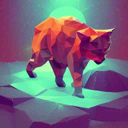 low poly cat by beeple, artstation, teal and orange color scheme, flowers, No Man's sky anton fadeev asher brown durand 8k resolution, beautiful at night, zodiac signs in the stars