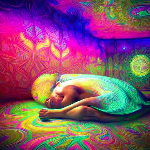 photorealistic sleeping in a trippy psychedelic world. hyperdetailed photorealism, 1 0 8 megapixels, amazing depth, high resolution, 3 d shading, 3 d finalrender, 3 d cinematic lighting, glowing rich colors, psychedelic overtones, artstation concept art. 