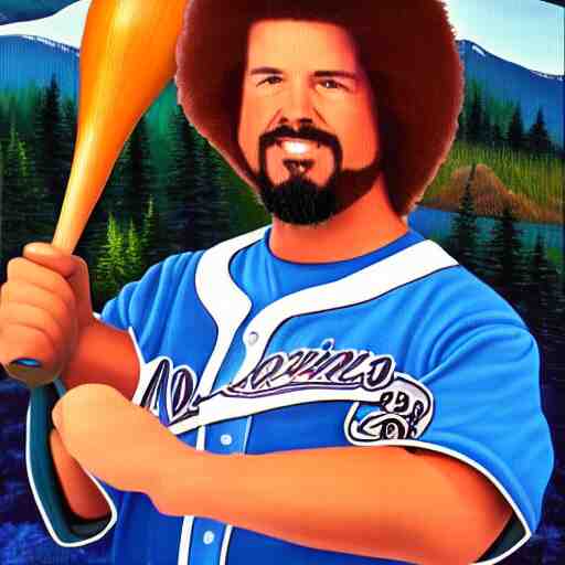 a closeup photorealistic photograph of bob ross themed kenny powers baseball, painting on a canvas. mountains and trees. film still. brightly lit scene. this 4 k hd image is trending on artstation, featured on behance, well - rendered, extra crisp, features intricate detail, epic composition and the style of unreal engine. 