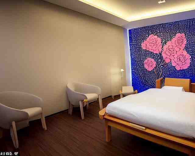 The zen environment of the hospital room of the future, in a five star hotel in Singapore, with calming bright lights and a welcoming Japanese rose pattern wall and a breathtaking wooden floor, a doctor and her patient look at a computer screen showing medical graphs