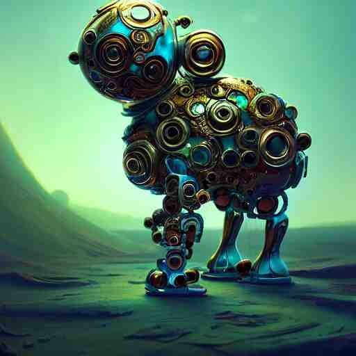 opalescent android cyborg animal in candyland, warm tones : by michal karcz, daniel merriam, victo ngai and guillermo del toro : ornate, dynamic, particulate, intricate, elegant, highly detailed, centered, artstation, smooth, sharp focus, octane render 