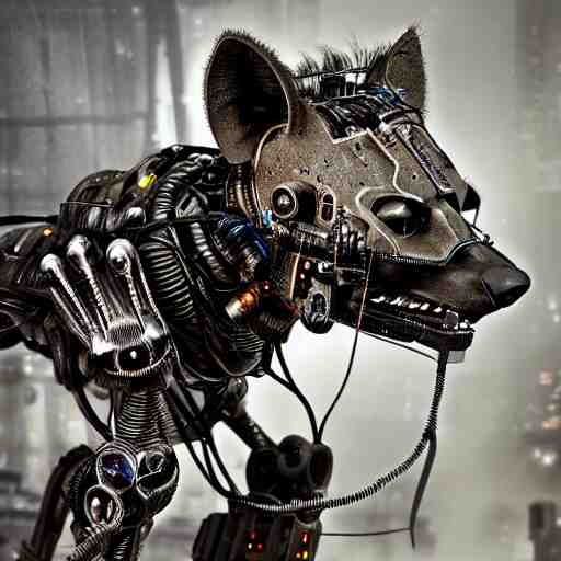 robotic cyberpunk hyena, many wires and metal exposed, realistic photo, bladerunner 