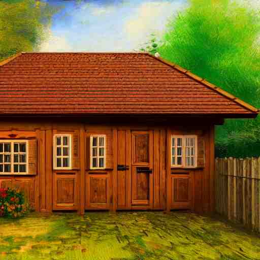 small wooden german garden house, brown, plastic roofed veranda with brown wood side fence, rembrandt style painting, extremely wide angle 