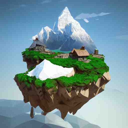 a beautiful floating island with everest landscape isometric art, low poly art, game art, artstation, 3D render, high detail, cgsociety, octane render, sharp focus