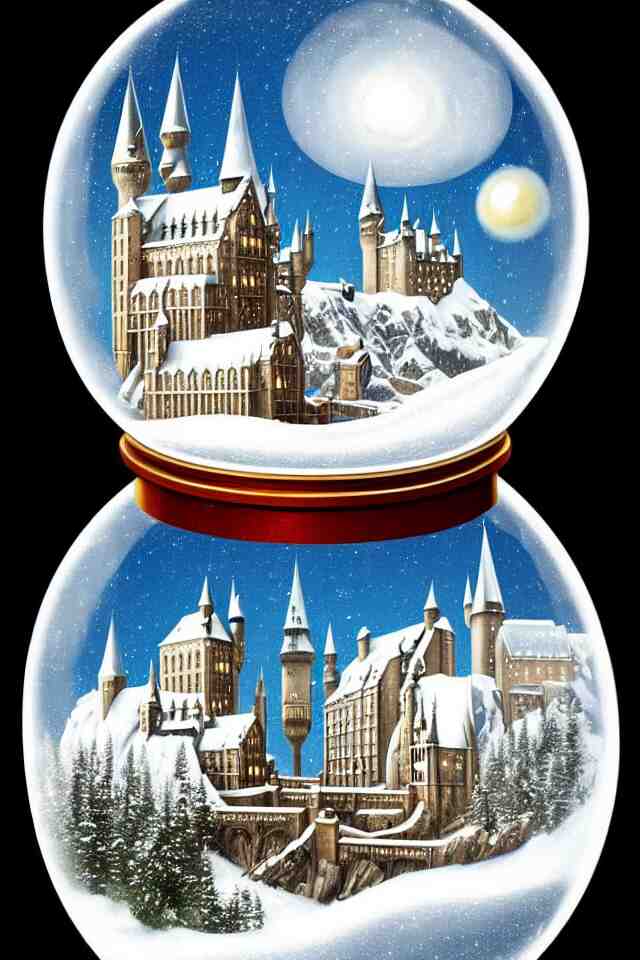 an achingly beautiful print of one snow globe with hogwarts inside by raphael, hopper, and rene magritte. detailed, proportional, romantic, vibrant, enchanting, trending on artstation 