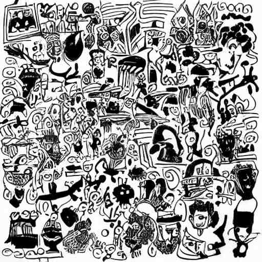 black and white composition of a variety of doodles, drawings, faces, symbols, cartoons, lineart, cave drawing, silhouette, tattoo, chinese ink brush 