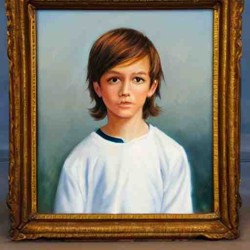 beautiful oil painting of a boy with short side part light brown hair and brown eyes