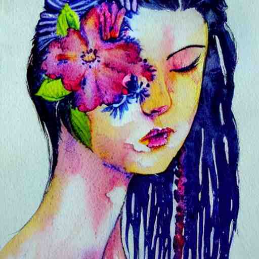 a painting of a woman with flowers in her hair, a watercolor painting by alice mason, deviantart, psychedelic art, deviantart, detailed painting, watercolor 