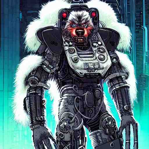 portrait of a cybernetic werewolf warrior with white fur and power armor, cyberpunk concept art by josan gonzales and moebius and enki bilal and and dan mumford and jean claude meziere and philippe druilleg 