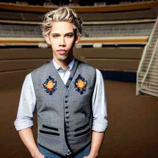 Portrait photo of adult Austin Butler with exposed dark-hair head, dressed in grey-prussian blue Tudoresque-Gigeresque casual garb, and griffin-embroidered nanocarbon-vest, in an arena in Dune 2021, XF IQ4, f/1.4, ISO 200, 1/160s, 8K